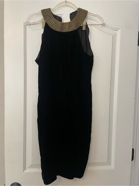 Alex Evenings vintage Black Velvet Midi Dress with Metallic Gold Beaded Collar